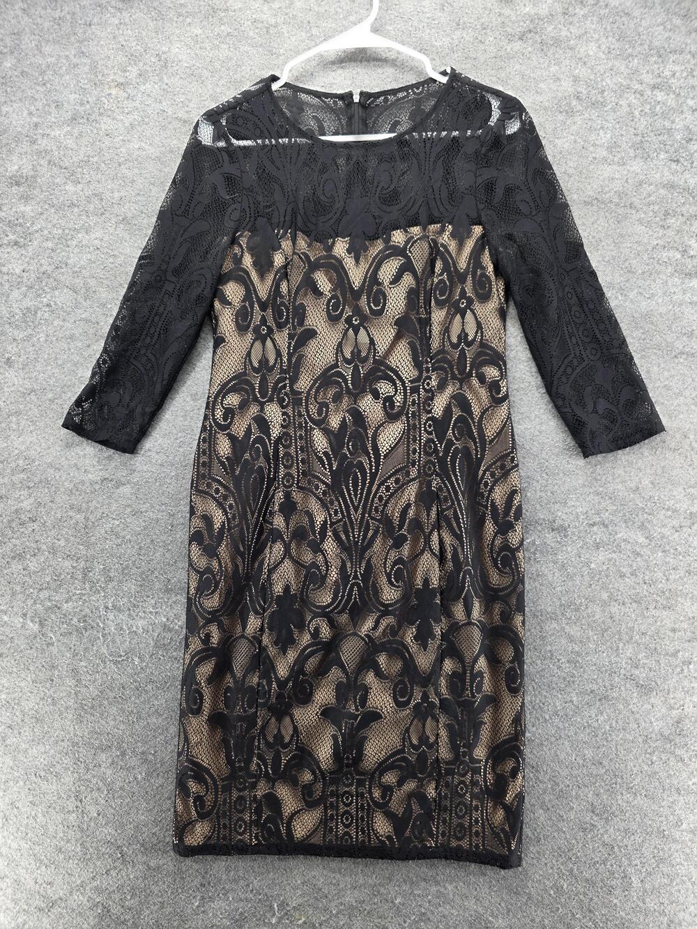 Adrianna Papell Dress Womens 6 Black Lace Sheath 3/4 Sleeve Cocktail Formal